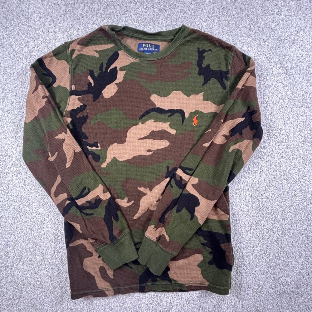 Polo Ralph Lauren Thermal Shirt Mens S Green Camo Waffle Knit Long Sleeve Top